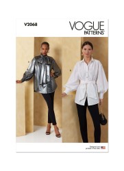 2068 Vogue Very Loose Poet Style Bishop Sleeve Buttons, Pleats, Cuffs, Collar top, Sash Pattern 18-26 New